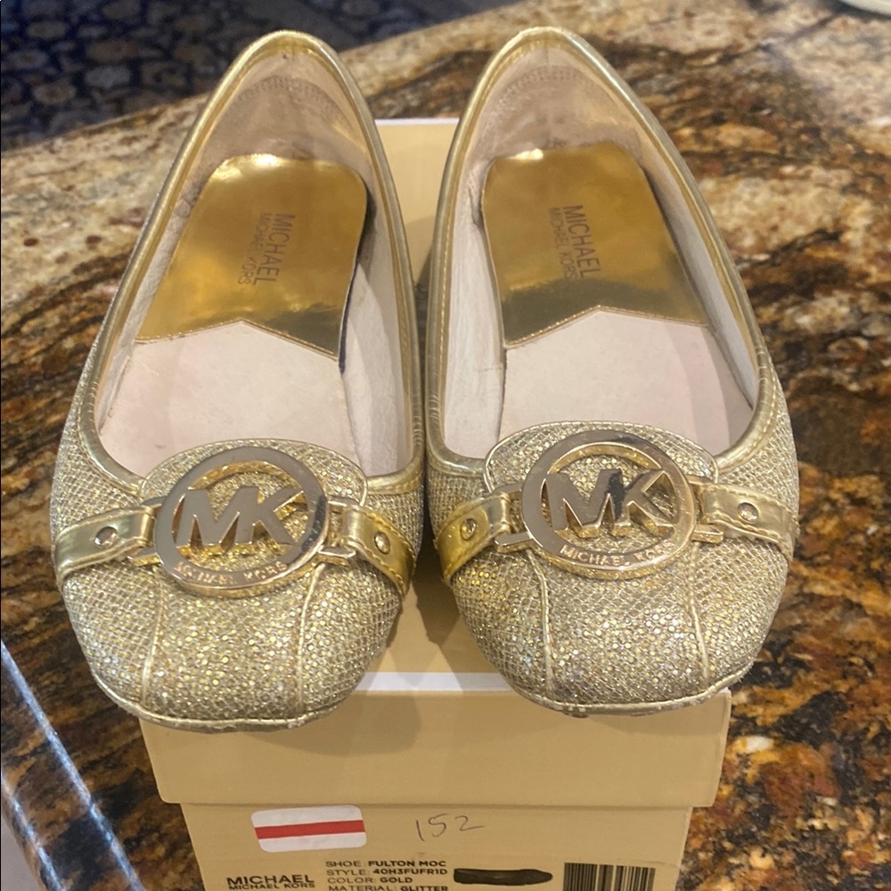 Michael Kors Gold Flats with Shimmery Finish and MK Logo
